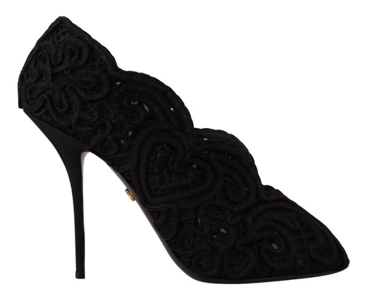 Schwarze Cordonetto Ricamo Pumps Offene Zehen Schuhe