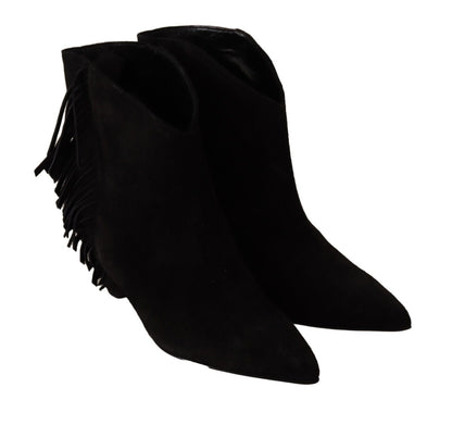Schwarz Wildleder Leder Frauen Stiefeletten Fransen Schuhe