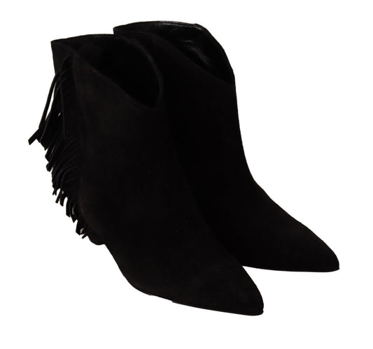 Schwarz Wildleder Leder Frauen Stiefeletten Fransen Schuhe