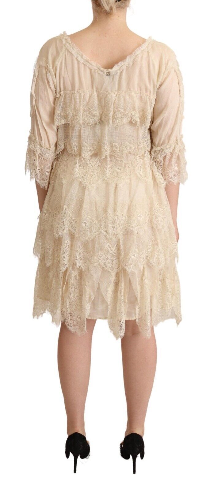 Beige 3/4 Ärmel Geschichtetes Knielanges Kleid aus Spitze