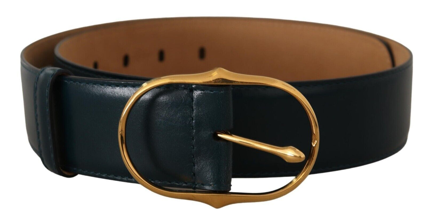 Ovaler Gürtel mit goldener Metallschnalle aus blauem Leder
