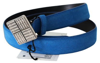 Blauer Ledergürtel mit quadratischer Logo-Schnalle