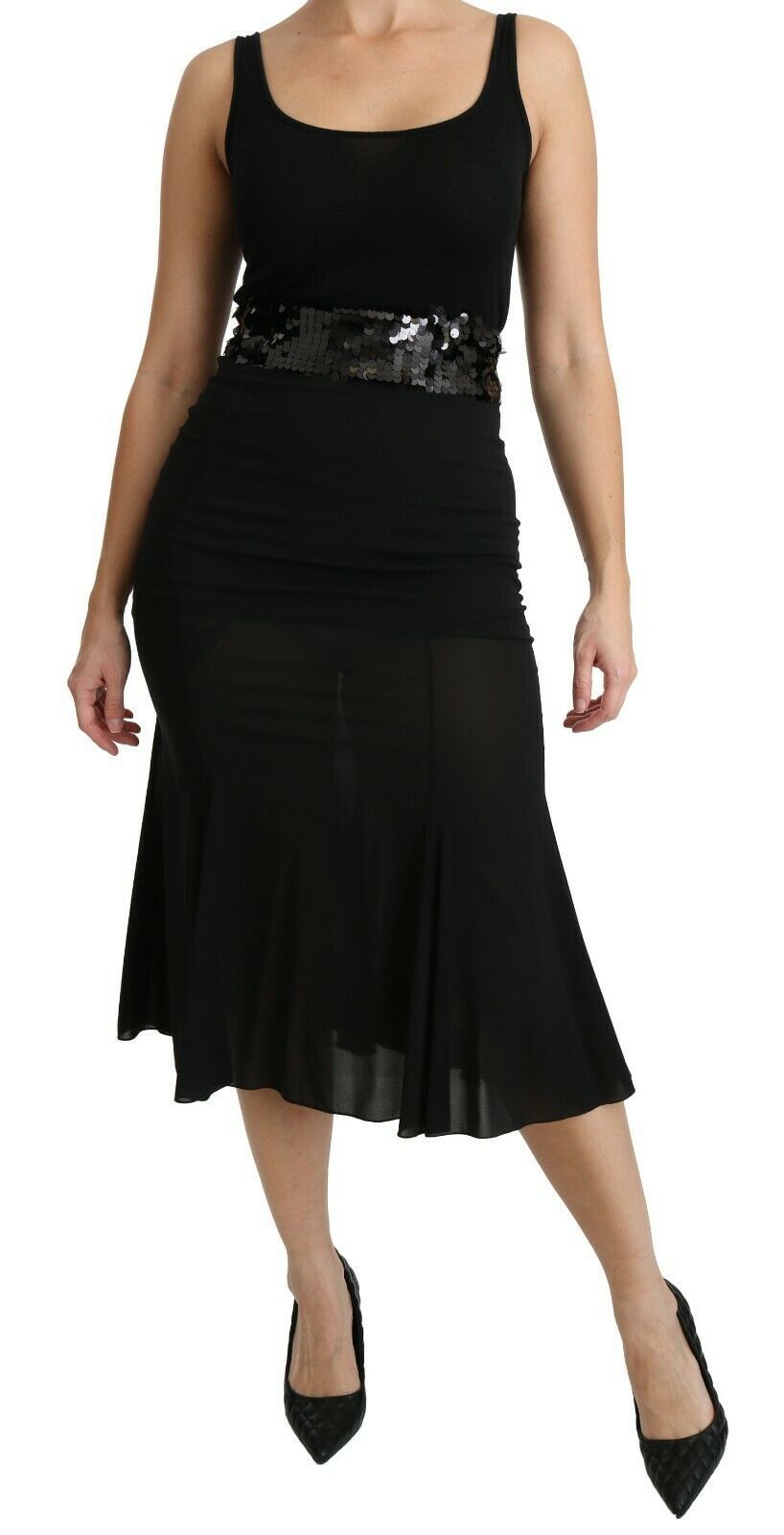 Schwarzer Meerjungfrauen-Midi-Seidenrock mit hoher Taille