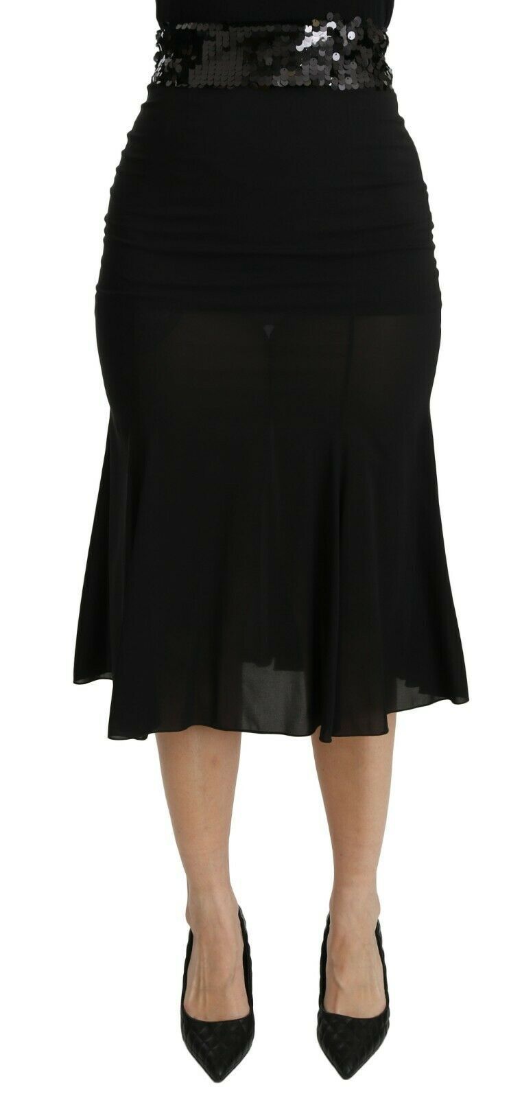 Schwarzer Meerjungfrauen-Midi-Seidenrock mit hoher Taille