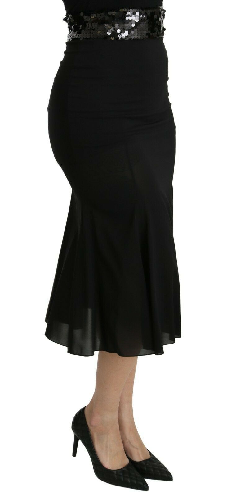 Schwarzer Meerjungfrauen-Midi-Seidenrock mit hoher Taille