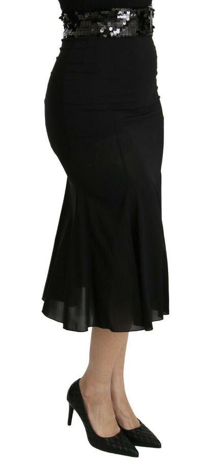 Schwarzer Meerjungfrauen-Midi-Seidenrock mit hoher Taille