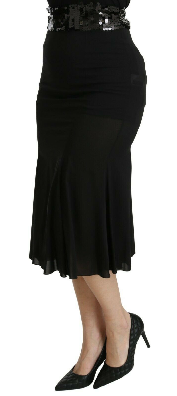 Schwarzer Meerjungfrauen-Midi-Seidenrock mit hoher Taille