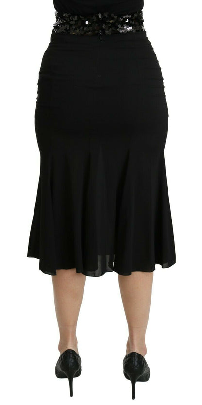 Schwarzer Meerjungfrauen-Midi-Seidenrock mit hoher Taille