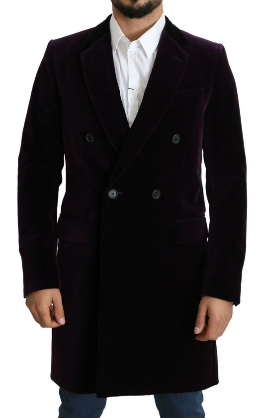 Lila Samt Doppelreihiger Langer Mantel Jacke