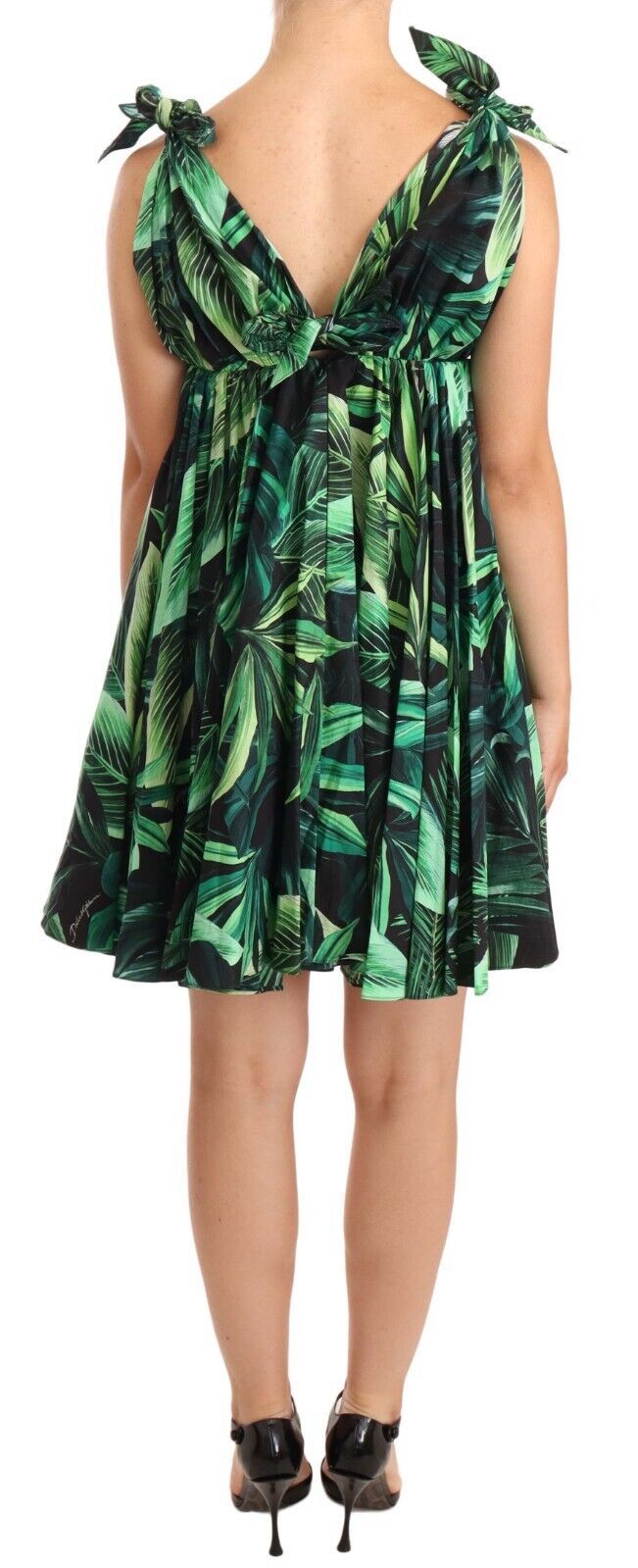 Ausgestelltes Minikleid aus Baumwolle mit grünem Laubdruck