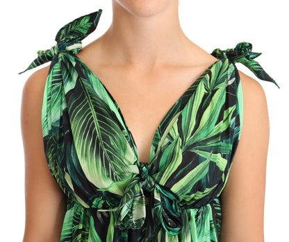 Ausgestelltes Minikleid aus Baumwolle mit grünem Laubdruck