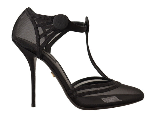 Schwarz Mesh T-strap Stiletto Heels Pumps Schuhe