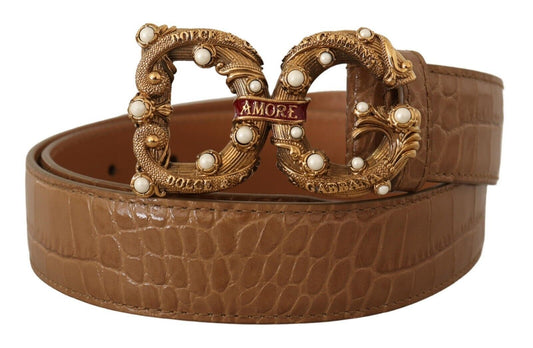 Brauner Logo-Amore-Gürtel aus Leder mit Krokodil-Muster