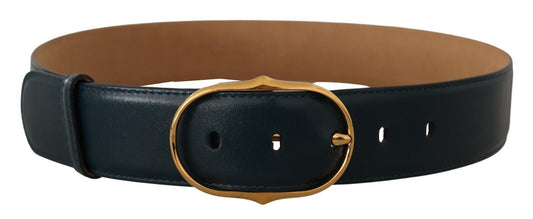Ovaler Gürtel mit goldener Metallschnalle aus blauem Leder