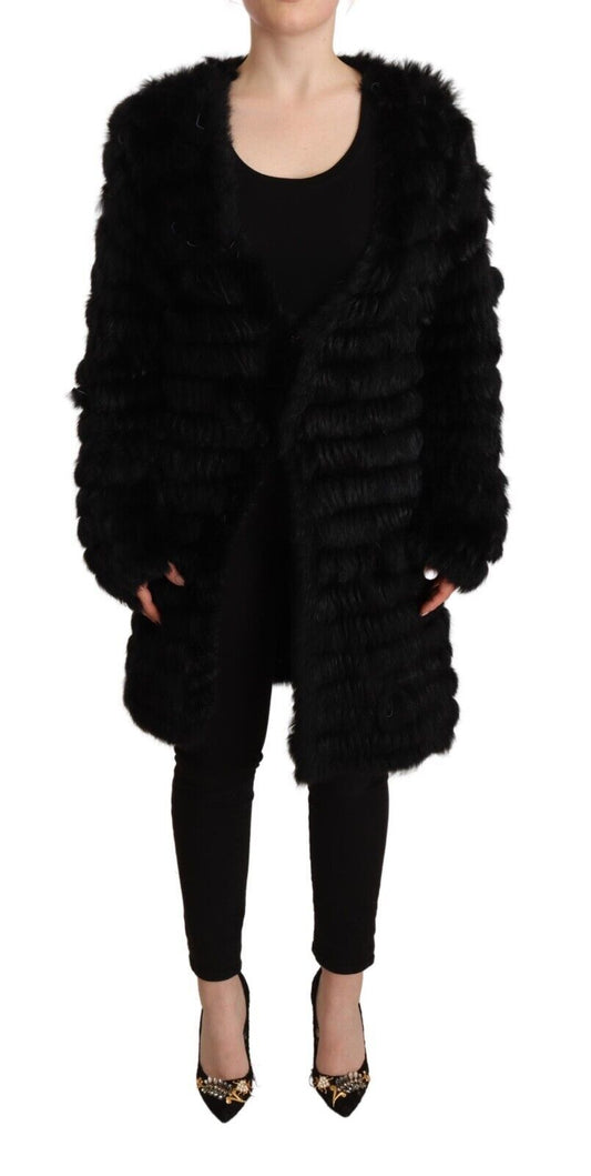 Schwarzer Kaninchenfell-Cardigan mit langen Ärmeln Jacke