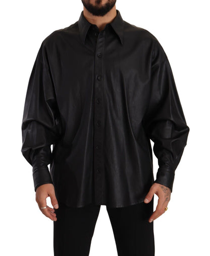 Schwarze Lederjacke mit Knopfleiste für Männer mit Kragen