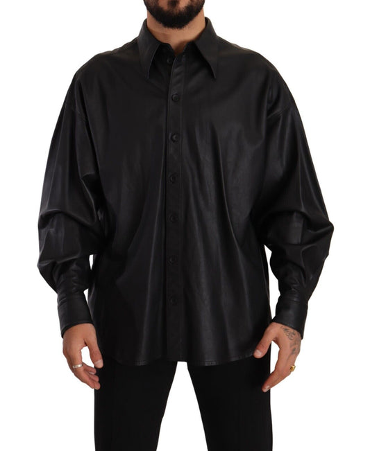 Schwarze Lederjacke mit Knopfleiste für Männer mit Kragen