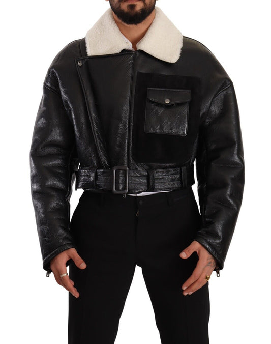 Schwarzer Leder Shearling Bikermantel Jacke