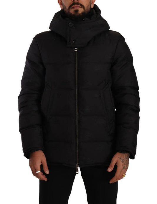 Schwarzer Polyester Mantel mit Kapuze Winterjacke