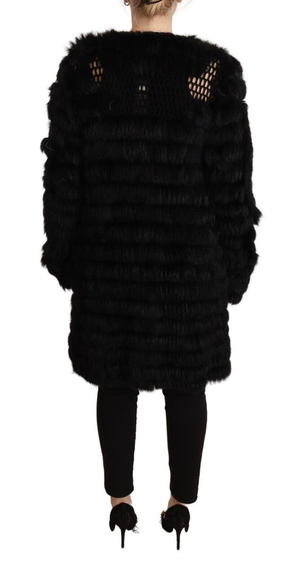 Schwarzer Kaninchenfell-Cardigan mit langen Ärmeln Jacke
