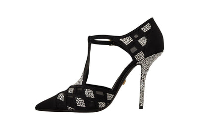 Schwarz Kristalle T-strap Heels Pumps Schuhe