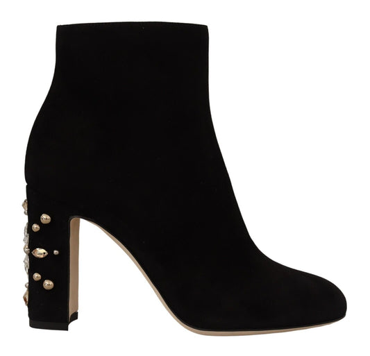 Schwarz Wildleder Leder Crystal Heels Stiefel Schuhe