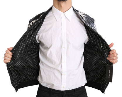 Schwarze Bomberjacke aus Seide mit Bananenblattdruck