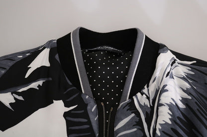 Schwarze Bomberjacke aus Seide mit Bananenblattdruck
