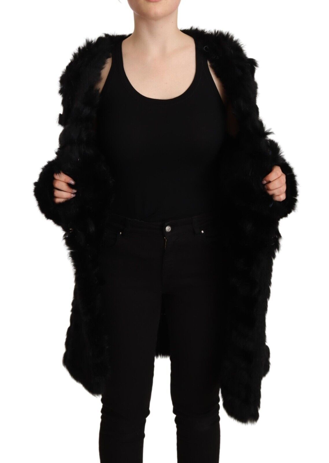 Schwarzer Kaninchenfell-Cardigan mit langen Ärmeln Jacke
