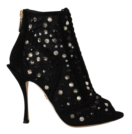 Schwarz Kristalle Heels Reißverschluss Kurze Stiefel Schuhe