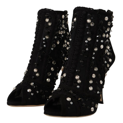 Schwarz Kristalle Heels Reißverschluss Kurze Stiefel Schuhe