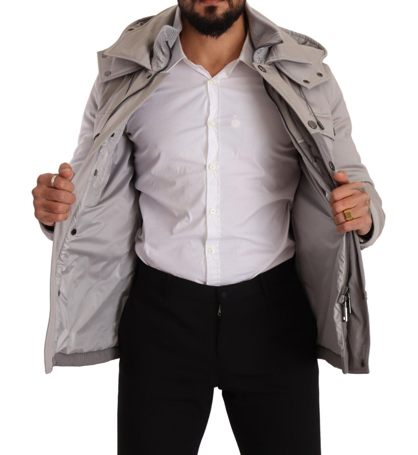 Graue Windbreaker Parka Jacke mit Kapuze aus Baumwolle