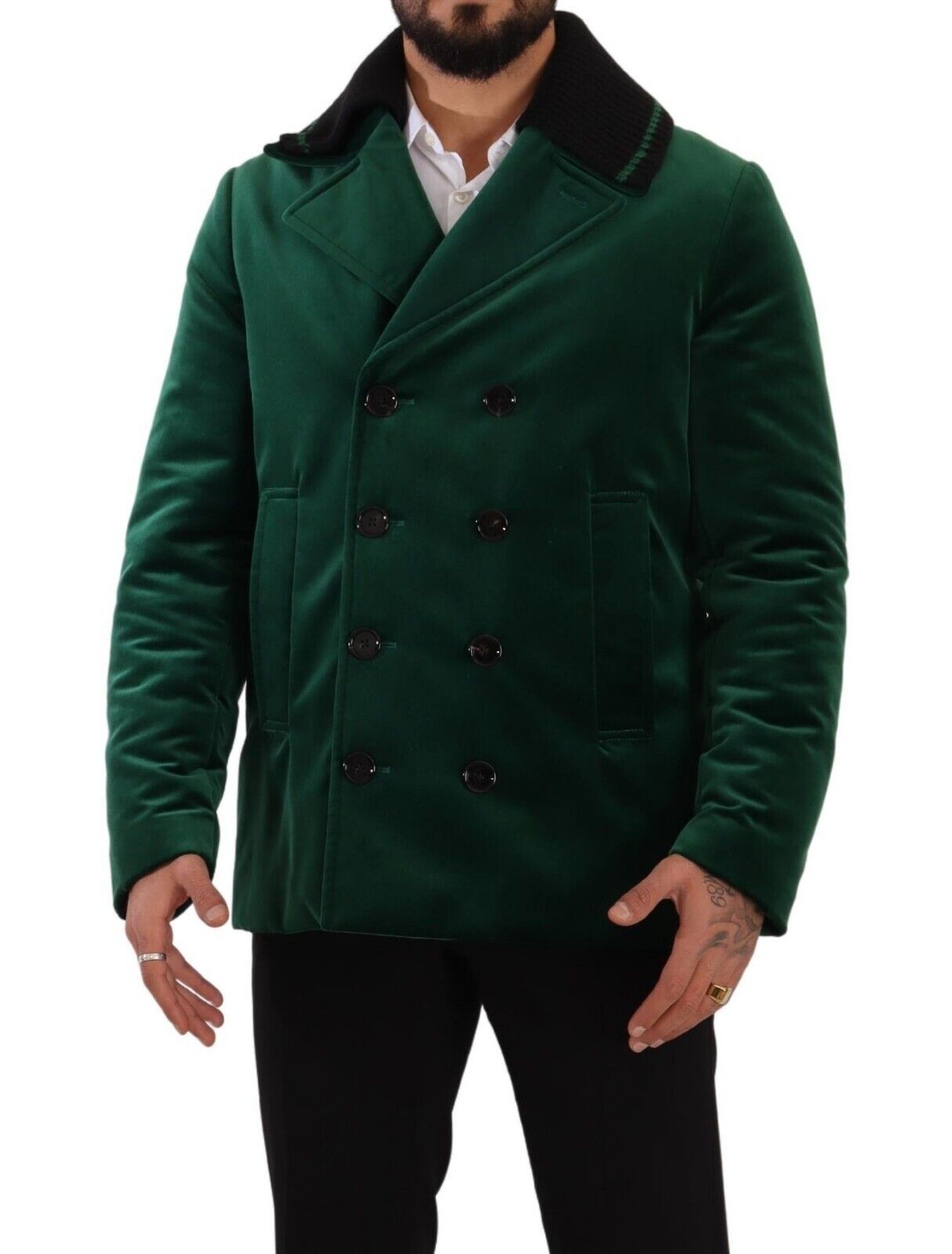Zweireihige Jacke aus grünem Baumwollsamt