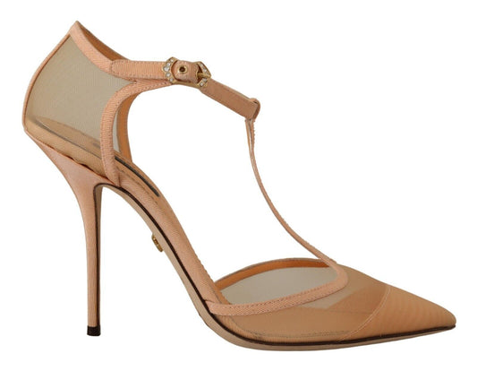 Beige Mesh T-strap Stiletto Heels Pumps Schuhe