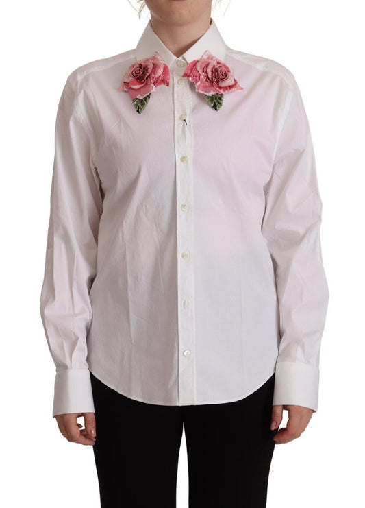 Weißes Baumwoll-Knopfleisten-Oberteil mit Blumen und Pailletten