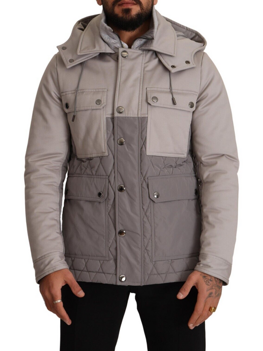 Graue Windbreaker Parka Jacke mit Kapuze aus Baumwolle