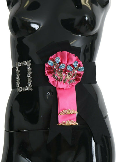 Schwarz Rosa Blume Brosche Kristalle Baumwollgürtel