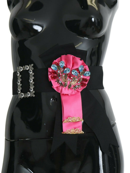 Schwarz Rosa Blume Brosche Kristalle Baumwollgürtel