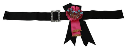 Schwarz Rosa Blume Brosche Kristalle Baumwollgürtel