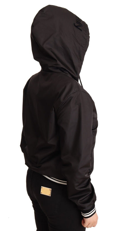Schwarze Polyester Bomberjacke mit Kapuze und Reißverschluss