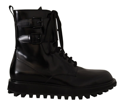Schwarzes Leder Combat Lace Up Herren Stiefel Schuhe