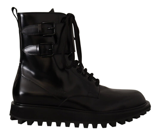 Schwarzes Leder Combat Lace Up Herren Stiefel Schuhe