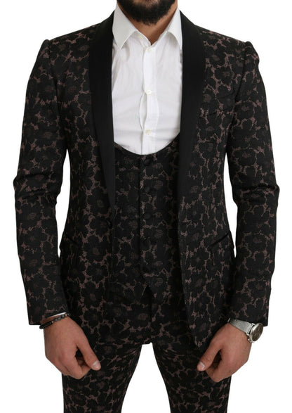 Anzug Schwarz Floral 3 Stück Slim Tuxedo