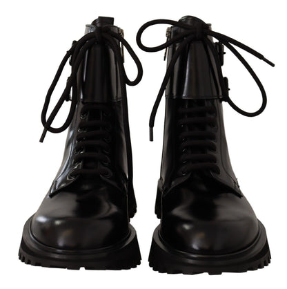 Schwarzes Leder Combat Lace Up Herren Stiefel Schuhe