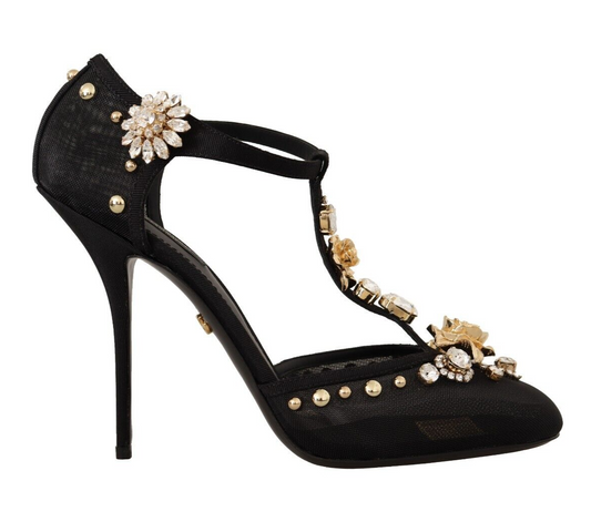 Schwarz Mesh Kristalle T-strap Heels Pumps Schuhe