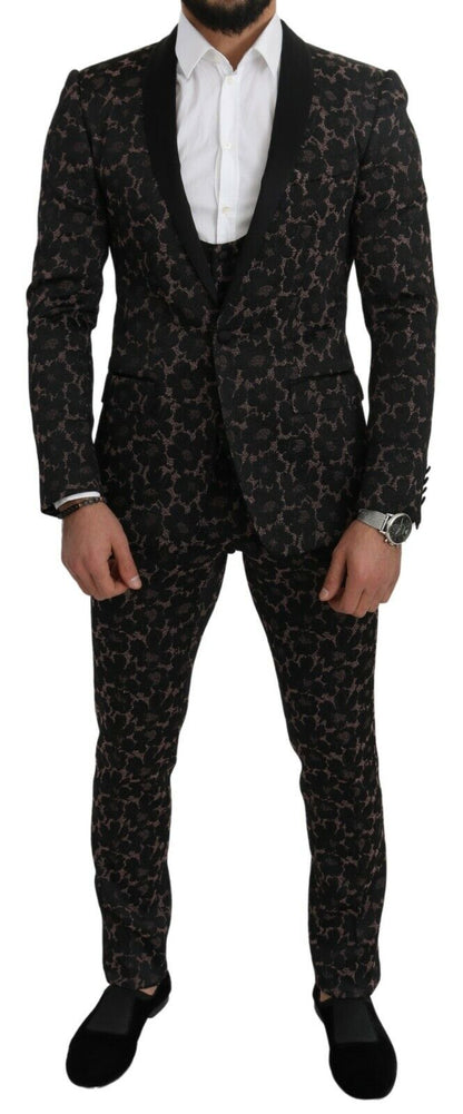 Anzug Schwarz Floral 3 Stück Slim Tuxedo