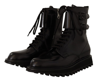Schwarzes Leder Combat Lace Up Herren Stiefel Schuhe