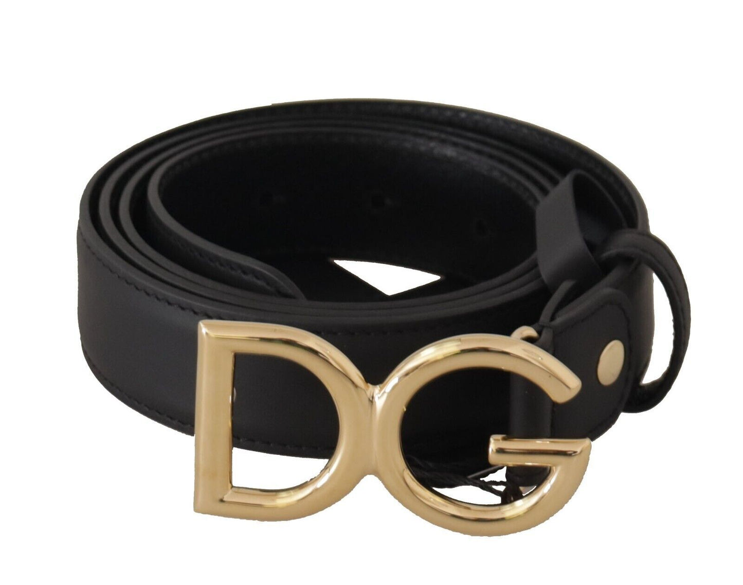 Schwarzes Leder Gold Metall DG Logo Taille Schnalle Gürtel