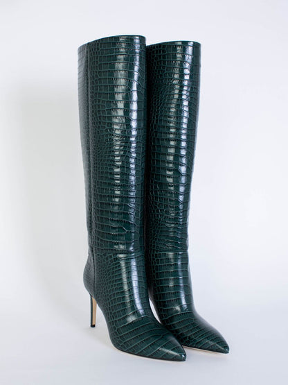 Grüner Stiletto-Stiefel mit Krokolederdruck 85