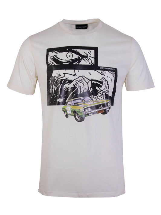 Weißes mehrfarbig bedrucktes T-Shirt